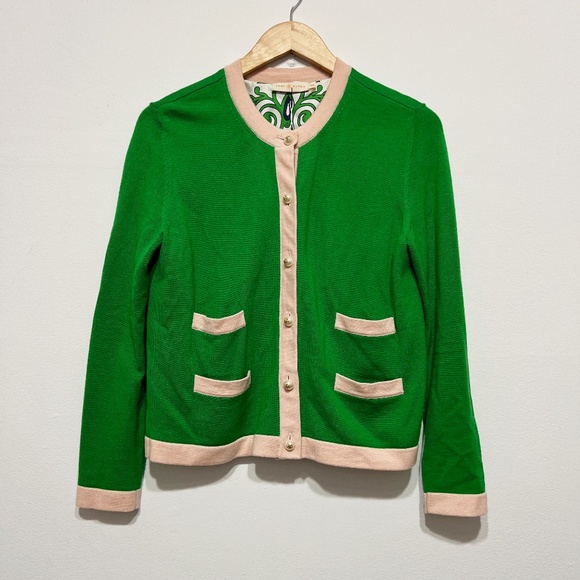 NEW Tory Burch Kendra Wool Knit Silk Court Green Garden Pink Pearl Cardigan M - Picture 1 of 4